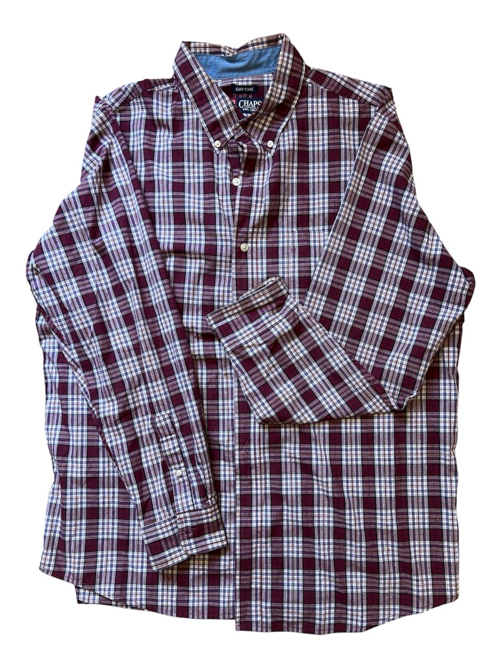 Chaps Men's Burgundy Maroon Blue White Plaid Button-Down Shirt XL